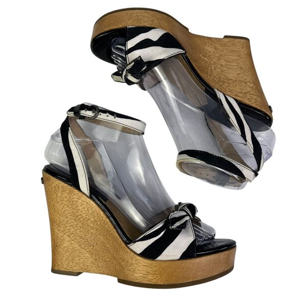 Michael Kors Wedge Woody Sandals Size 6.5 White Black Bow Ankle Strap - Picture 4 of 13